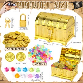 Treasure Chest Children's Birthday Gold Treasure Chest Children's Birthday with Lock and Key, 50 Gold Coins Children and 100 Gemstones for Children, Goldtaler Pirate Treasure for Storage and