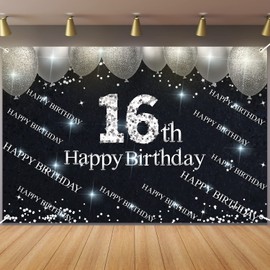 Silver and Black Happy 16th Birthday Backdrop Banner Decorations for Girls Boys 16 Years Old Bday Background Photography Party Decor Sign Supplies