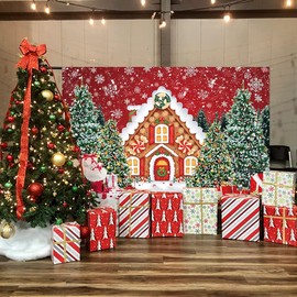 Christmas Gingerbread Backdrop 7x5ft Red Gingerbread House Photo Background for Photography Winter Snow Christmas Tree Candy Backdrop Xmas Holiday Party Decorations Family Photo Shoot Props
