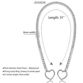 Avanlin Heart O-Ring Slip Chain Necklace Punk Stainless Steel Cuban Choker Goth Lariat Y-Necklaces Jewelry for Women, 31, Stainless Steel, No Gemstone