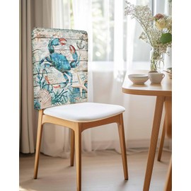 Wowouhiya Teal Crab Coastal Chair Covers Set of 4 for Dining Room, Summer Beach Chair Back Cover, Nautical Starfish Shell Retro Removable Kitchen Chair Slipcovers Seat Protector for Party Banquet