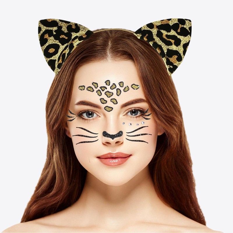 Carnival Leopard Set, Cheetah Ears Headband and Cheetah Face Tattoo,