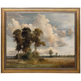 Framed Vintage Wall Art Rustic Field Trees Landscape Painting Canvas Print Artwork Antique Gold Framed Wall Art for Room Decoration (sun-drenched field, 16L" x 12W")