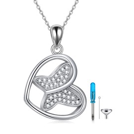 HUKKUN Heart Butterfly Cremation Jewelry 925 Sterling Silver Cute Urn Necklace for Ashes Trendy Memorial Gift For Friend