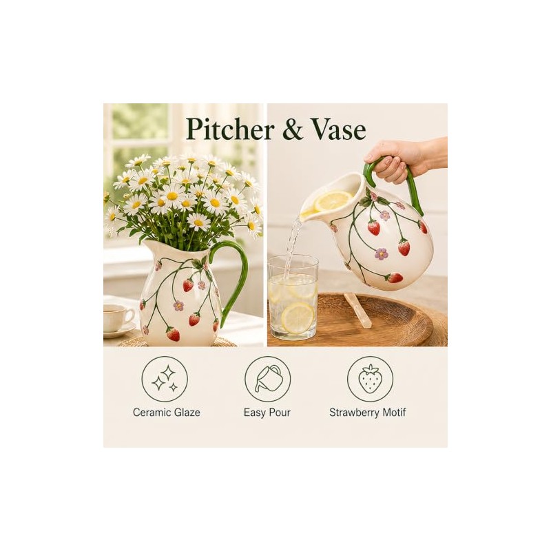 White Strawberry Pitcher Vase Ceramic Jug with Handle | Home