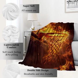 VODRM Fiery Basketball Blanket Dynamic Ball Hoop in Flames Throw Blankets,Birthday Gifts for Adult & Sport Lovers,Lightweight Soft Fleece for Sofa Couch Bed Room Travel Decor 50x60in