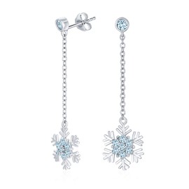 Winter Ice Blue Cubic Zirconia Holiday Party CZ Long Chain Christmas Snowflake Dangle Earrings For Women Teen .925 Sterling Silver
