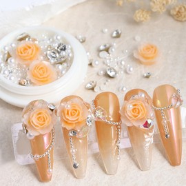 1 Box Champagne Rose Nail Art Charms Valentine's Day Resin Nail Charms White Pearl Rhinestone Nail Charms Design for Acylic Nail DIY Decoration Nail Accessories Valentine's Nail Supplies