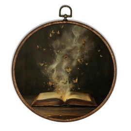 XBBMGG Dark Academia Book Butterfly Wall Art Decor, Vintage Moody Library Round Wall Hanging Decor, Bookish Framed Canvas Prints for Book Club Reading Nook Classroom Gallery Decorations, 10x10inch