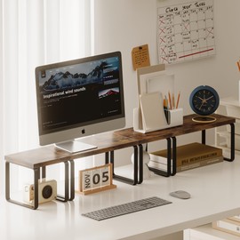 Homeiju Wooden Desktop Organizer Shelf, 2-Tier Adjustable Freestanding Bookshelf Desk Shelf, Stackable Desk Organizer for Office, Dorm, Bedroom, Space Saving, Easy Assembly, Rustic Brown (2 Pack)