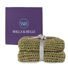 Willa and Belle Olive Green Chunky Knit Luxury Throw Blanket, Soft Handwoven Thick Knit Blanket for Couch or Bed, Cozy Decorative Knitted Blanket, 50x60