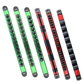 6-Piece Magnetic Socket Organizer Set, Holds Screwdrivers, Wrenches & Sockets, Rail System with Removable End Caps, for 1/4, 3/8, 1/2 Inch Drive Sockets, Tool Organization (Green & Red)