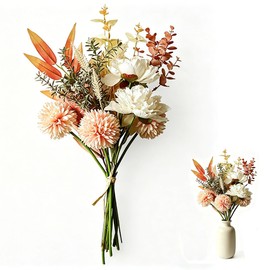 Artificial Flowers Bouquet, Realistic Fake Silk Floral Arrangement with Peony, Dahlia, Chrysanthemum and Eucalyptus, Faux Flower Stems for Wedding Centerpieces, Table Decor, Party and Home Decoration