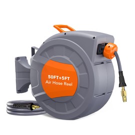 Retractable Air Hose Reel, 3/8 IN x 50 FT Hybrid Air Hose, Wall Mount Pneumatic Air Compressor Hose Reel with 5 FT Lead in Max 300 PSI 180° Swivel Mount, for Garage Workshop