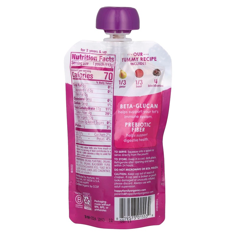 HAPPY TOT Organic Pear Beets Blackberries Immunity Baby Food, 4