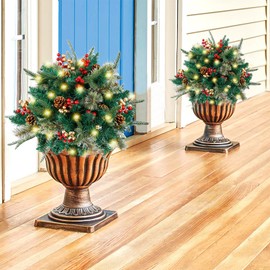 Glintoper Lighted Artificial Christmas Urn Filler, Pre-lit Xmas Pine Trees with Cones, Golden & Red Berries, Tripod Stake and 60 LED Lights, Outdoor Light Up Planter Filler Holiday Home Decor, 1 Pack