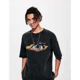 Vamtac Mens Oversized Graphic T Shirts Washed Vintage Streetwear Tees Soft Fashion Tops for Unisex Black