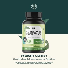 Probióticos 60 Billones Life360+ 240 Cápsulas a Base de Inulina de Agave y Probióticos sin sabor