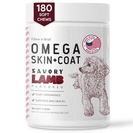Salmon Oil for Dogs - Soft Chew Omega Treats for Skin and Coat - Fish Oil Blend of Essential Fatty Acids, Omega 3 and 6, Vitamins, Antioxidants and Minerals - Made in USA (180 Chews, Lamb)