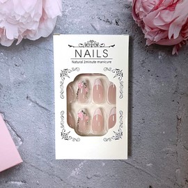 24Pcs Almond Press on Nails, French Tip False Nails with Designs 5D Flowers Rhinestones Fake Nails Full Cover Medium Length Acrylic Nails Cute Spring Glue on Nails for Women