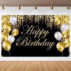 Black Gold Happy Birthday Banner Backdrop Large Happy Birthday Yard Sign backgroud It's My Birthday Backdrop Baby Shower Party Indoor Outdoor Car Decoration Supplies for Men Women Boys Girls