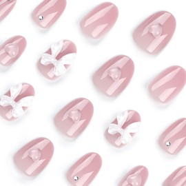 Press On Nails, Beauty Pattern Summer Cute Glue on Nails, Fake Nails, Short Square Almond Ballet Shape on 24PCs (Nude Pink Bow)