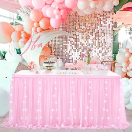 Rectangle Table Skirt Pink 14FT Tulle Table Skirting LED Tutu Tablecloth for Wedding Birthday Party Baby Shower Decorations