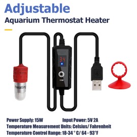 Mesee USB Mini Aquarium Heater, 15W Small Fish Tank Heater with External Temperature Controller Adjustable Betta Heater Submersible Thermostat Heater USB Powered Small Fish Bowl Heater for 1-4L Tanks