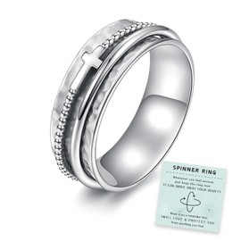 Cross Anxiety Ring for Women - 925 Sterling Silver Spinner Rings Anti Stress Fidget Rings Band Wide Hammered (Silver, 10)