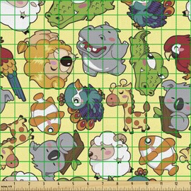 Ambesonne Cartoon Fabric by The Yard, Funny Animals Hippo Giraffe Koala Parrot Crocodile Zoo Jungle Graphic, Decorative Fabric for Upholstery and Home Accents, 1 Yard, Ivory