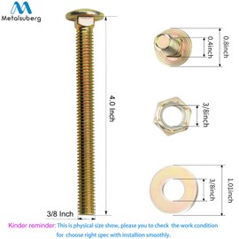 3/8" x 4" Carriage Bolt of Square Neck and Nylon Lock nut Large Size Washer Assortment Kit by Color Galvanization,Carbon Steel,Grade 2.(8pcs Pack) by metalsuberg