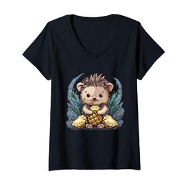 Womens Pineapple Hedgehog Drawing Animal Art Motif Pineapple Fruit V-Neck T-Shirt