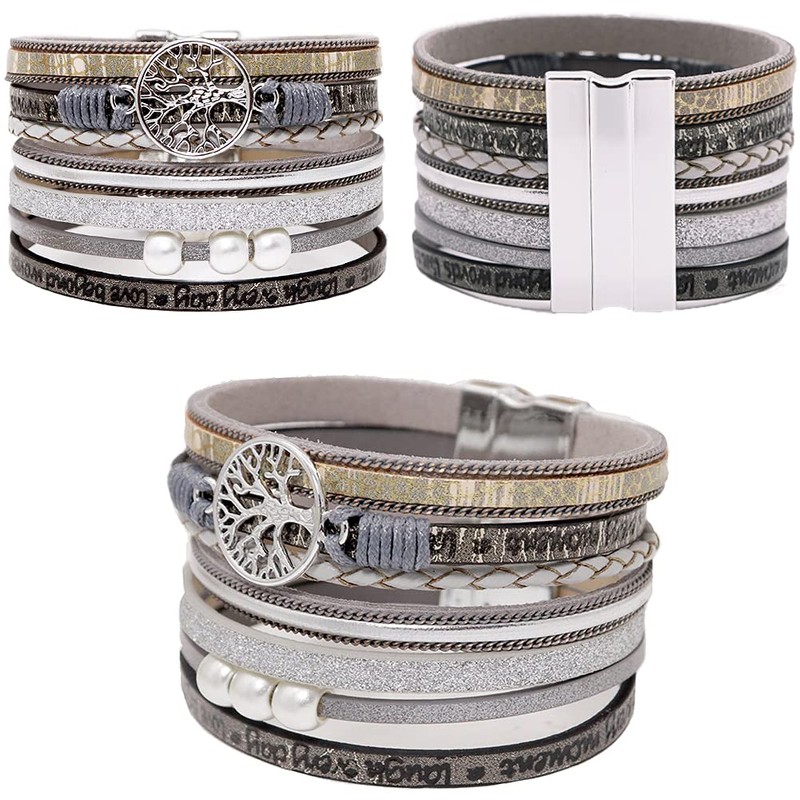 Chamqueen Magnetic Buckle Leather Braided Bracelet Boho Wrap Bangle for