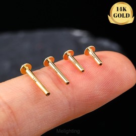 Melighting 14K Solid Gold Threadless Replacement, Solid Gold Threadless Post Push in Flat Back, Labret, Nose, Helix, Conch, Tragus Cartilage Stud Earring 16G 18G 20G