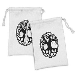Lunarable Celtic Fabric Pouch Set of 2, Celtic Tree of Life Historic Scottish Nature Branches Root Knots Picture, Small Drawstring Bag for Toiletries Masks and Favors, 9" x 6", White Black