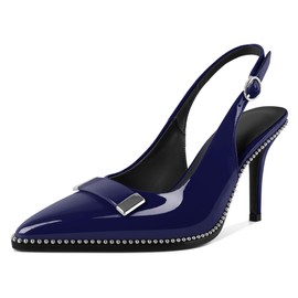 YODEKS Navy Blue Heels Slingback Heels for Women Closed Pointed Toe Stiletto Beaded Studded High Heel Pumps Metal Buckle Black Lining Shoes 3.5 Inch Navy Blue Patent US Size 8.5