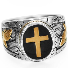 Christian Holy Cross Prayer Ring Stainless Steel Black Enamel Religious (7)
