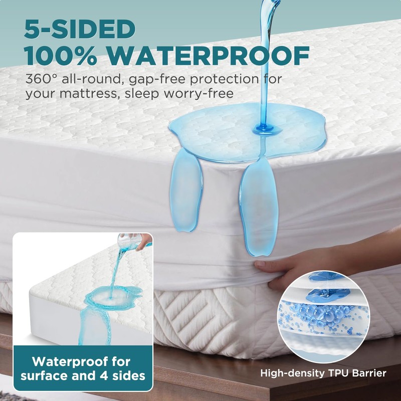 5 Sided Waterproof Mattress Protector Queen Size, Quilted Bamboo Rayon