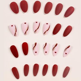 Red Press on Nails Heart Fake Nails Medium Almond False Nail with Line Design Nude Pink Glue on Nails Glossy Acrylic Nail Full Cover Stick on Nail for Women Manicure Valentine's Day Manicure