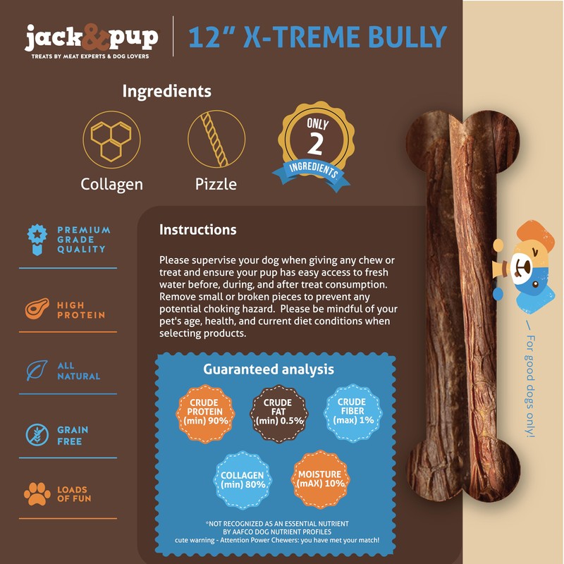 Jack&Pup 12" X-treme Bully Sticks for Large Dogs | Collagen