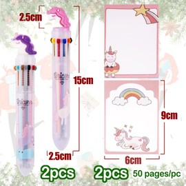 2* 10-in-1 Einhorn Kugelschreiber + 2* Haftnotizen schöner Mitgebsel einziehbarer 10 farben Mehrfarbig Stifte Druckstift Multifunktionsmarker Süße Multicolor Farbwechselstifte für Schüler Geschenk