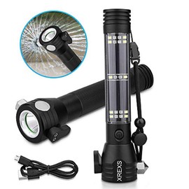 XREXS Solar & USB Rechargeable LED Flashlight (Portable, Strong)- Car Emergency & Roadside Kit | Power Outage Rescue Light | for Hiking, Camping, Outdoor | 2000mAh Battery & 7 Working Modes