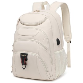 Boavan Laptop Backpack for Women, 15.6-Inch Waterproof School Bookbag, Anti-Theft Bookbag with USB Charging Port，Cream Beige