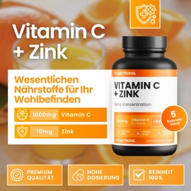 Vitamin C 1000 mg und Zink - tragen zur normalen Funktion des Immunsystems bei - 1 Tablette pro Tag - Hochdosiert - Reines Vitamin C - 150 Tabletten - Premium Qualität