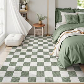 Machine Washable 5x7 Area Rugs for Living Room Checkered, Non Slip Soft Low Pile Farmhouse Geometric Modern Neutral Washable Boys Rugs for Bedroom, Large Carpet Rugs for Dining Room(Green,5'x7')