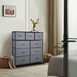 Sonharlar Dresser for Bedroom with 9 Drawers, Chest of Drawers, Storage Drawers Organizer Unit, Black Wide Fabric Dresser with Fabric Bins for Closet, Living Room, Entryway (Grey and Charcoal Black)