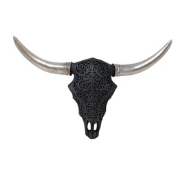 BestGiftEver Tribal Bull Skull Wall Sculpture - Decorative Black Faux Taxidermy Skull with Metallic Horns for Rustic Home Decor, Southwestern Resin Bull Skull for Lodge, Cabin & Western Wall Hanging
