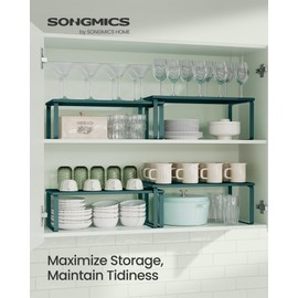 SONGMICS Cabinet Organizer Shelf, Set of 2 Kitchen Counter Shelves, Kitchen Storage, Spice Rack, Stackable, Expandable, Metal and Engineered Wood, Ivy Green UKCS200C02