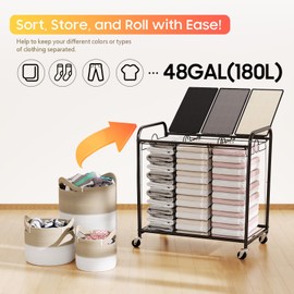 180L (47.55 Gal) Laundry Sorter 3 Section, Rolling Laundry Basket with Lockable Wheels and Lid, Laundry Hamper with 3 Separated Removable Bags Dirty Clothes Hamper for Laundry Room, Multicolor