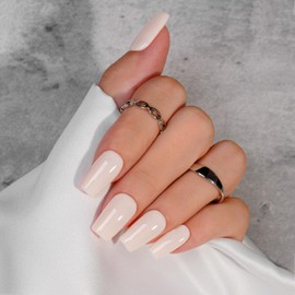 KQueenest White Press On Nails Long Square - Summer Press On Nails Medium Coffin, Sheer Milky White Fake Nails with Glue, Glossy Opaque, Reusable Soft Gel Glue on Nails for Women, 24 Pcs